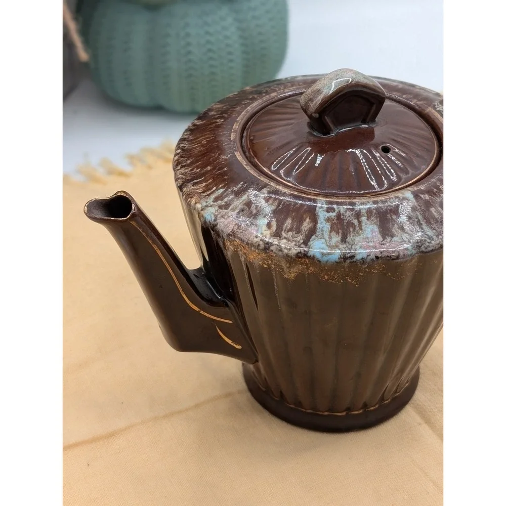 Vintage Mid Century Modern Drip Glaze Teapot Brown Ribbed Ceramic Tea Pot Japan